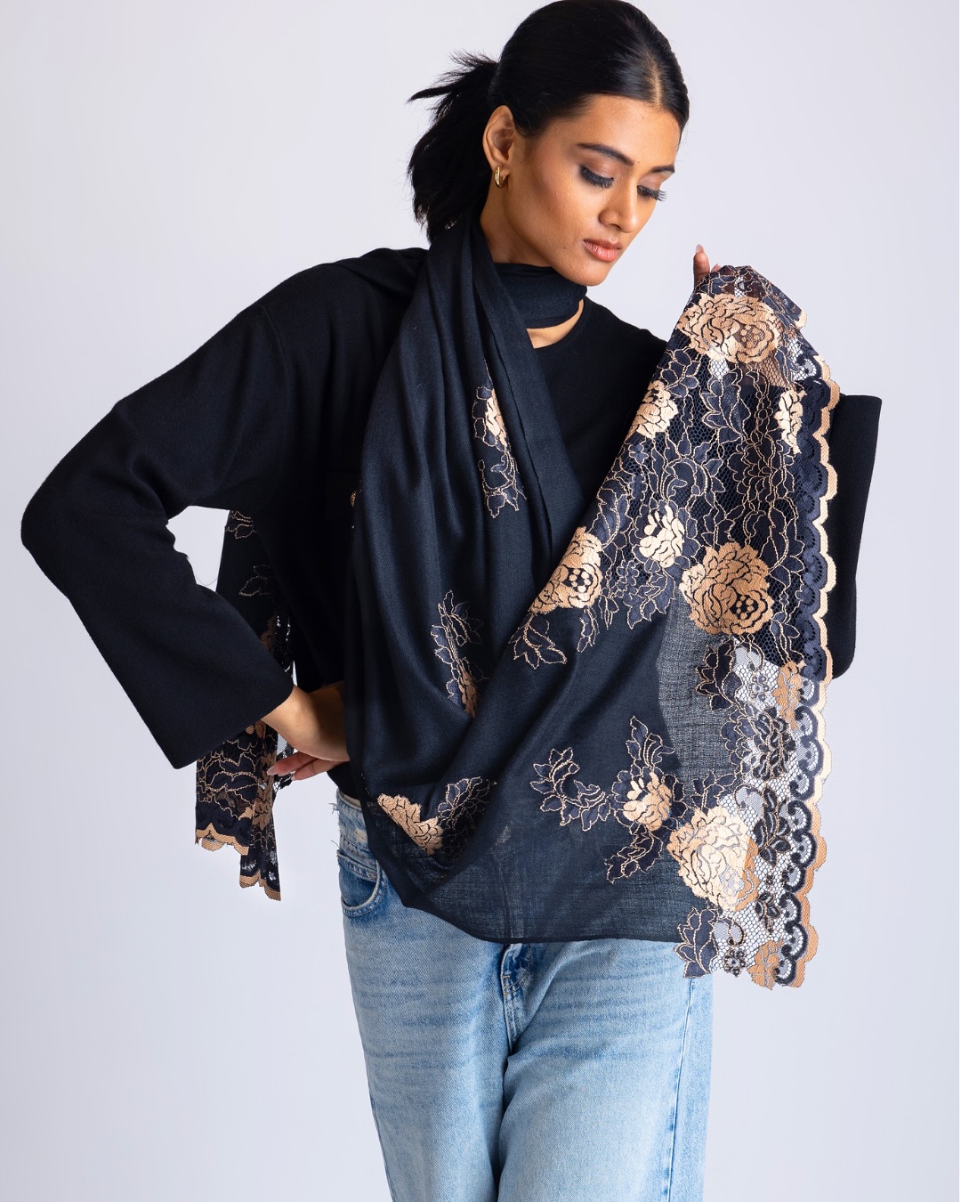 From day to evening — a statement that lingers💗

[Black scarf, lace detailing, gold embroidery, luxury wrap, elegant style, statement accessory, designer stole, timeless fashion, chic layering, premium wear]

#maneesharuia #scarf #luxuryscarf #designerwrap #lacedetailing #goldembroidery #elegantstyle #statementaccessory #timelessfashion #chiclayering #premiumwear